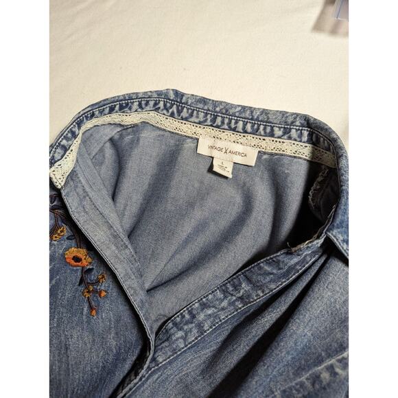 Vintage X America Womens Distressed Chambray Embroidered Jacket Sz L Bust41" - Picture 5 of 11